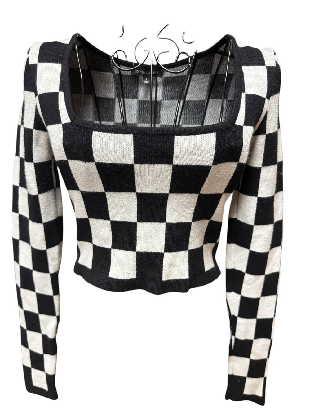Cotton Candy Black & White Checkerboard Knit Square neck Crop Top Small